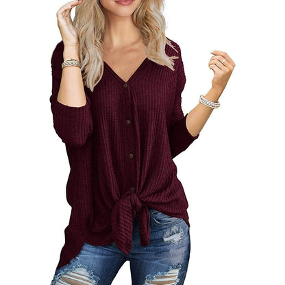 Womens Waffle Knit Tunic Blouse Tie Knot Henley Tops DailySale