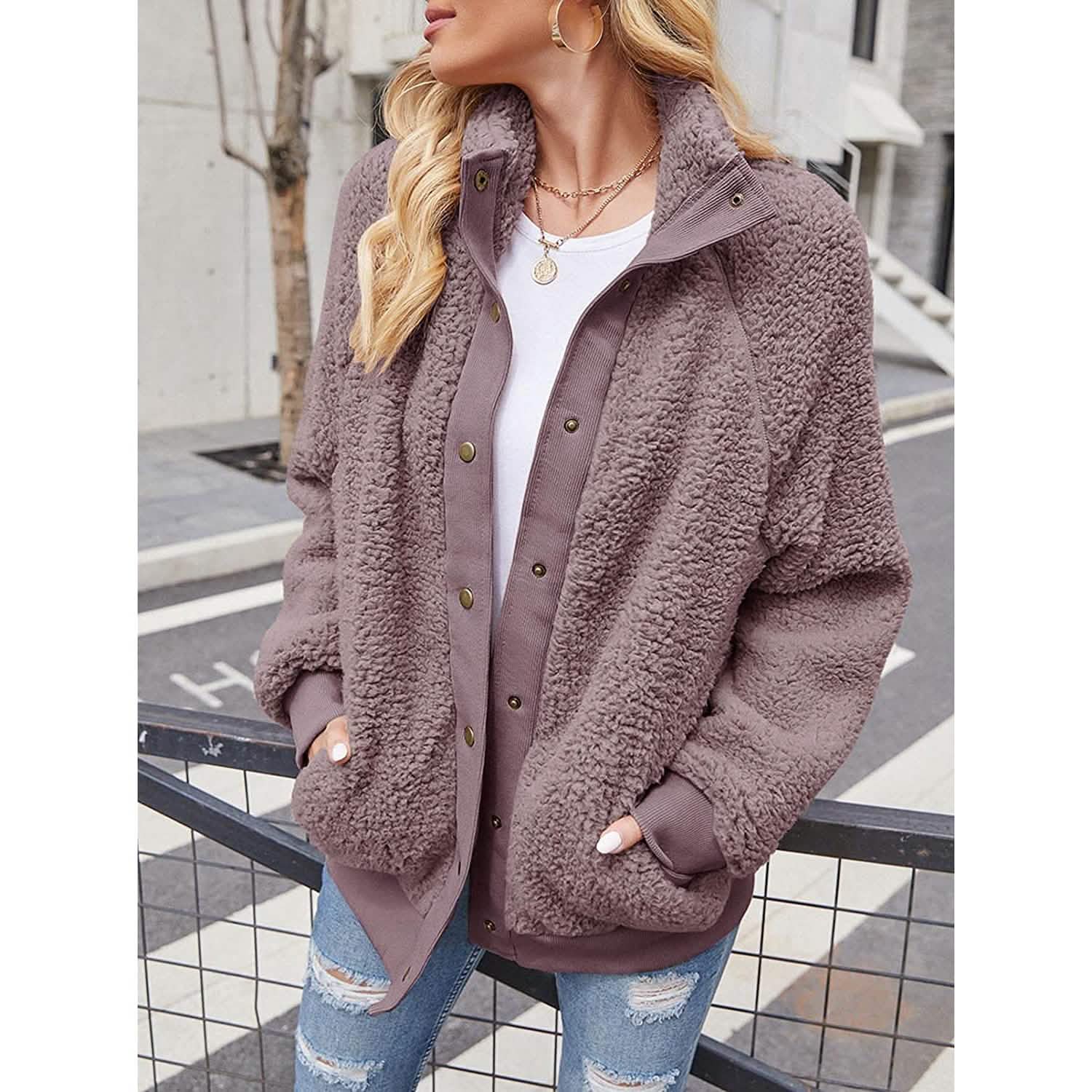 Womens Winter Sherpa Fleece Button Jacket Coat DailySale