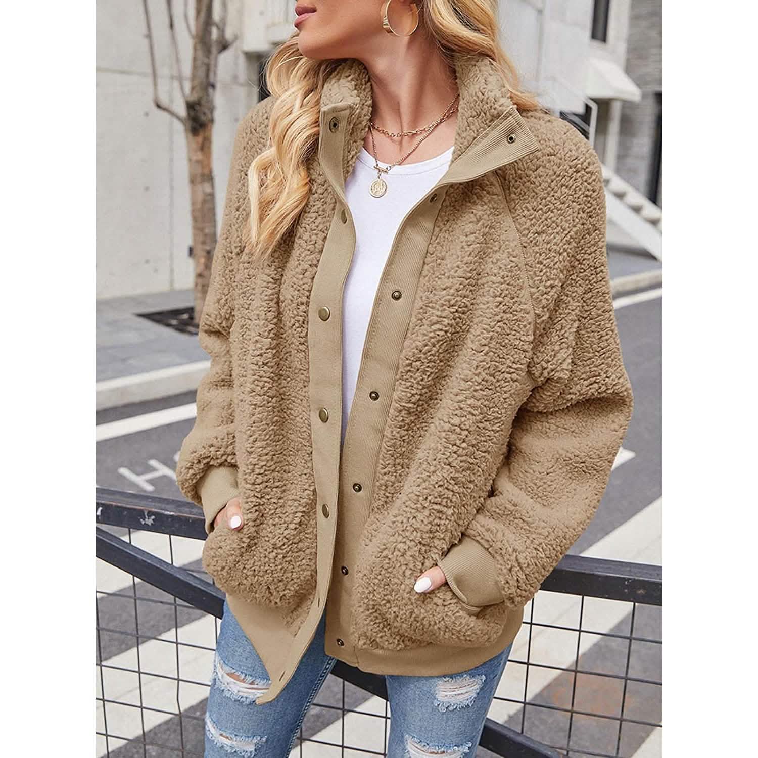 Womens Winter Sherpa Fleece Button Jacket Coat DailySale