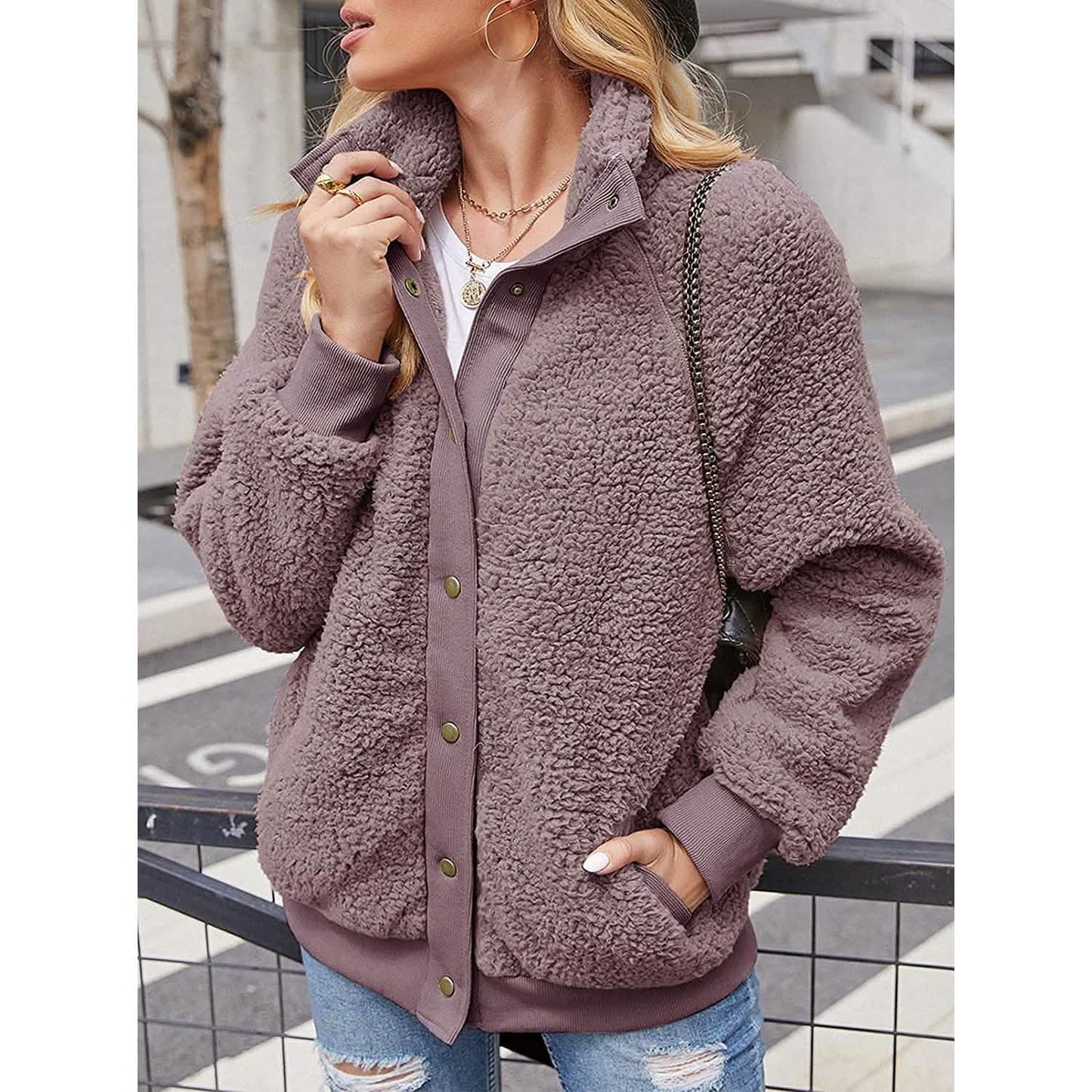 Womens Winter Sherpa Fleece Button Jacket Coat DailySale