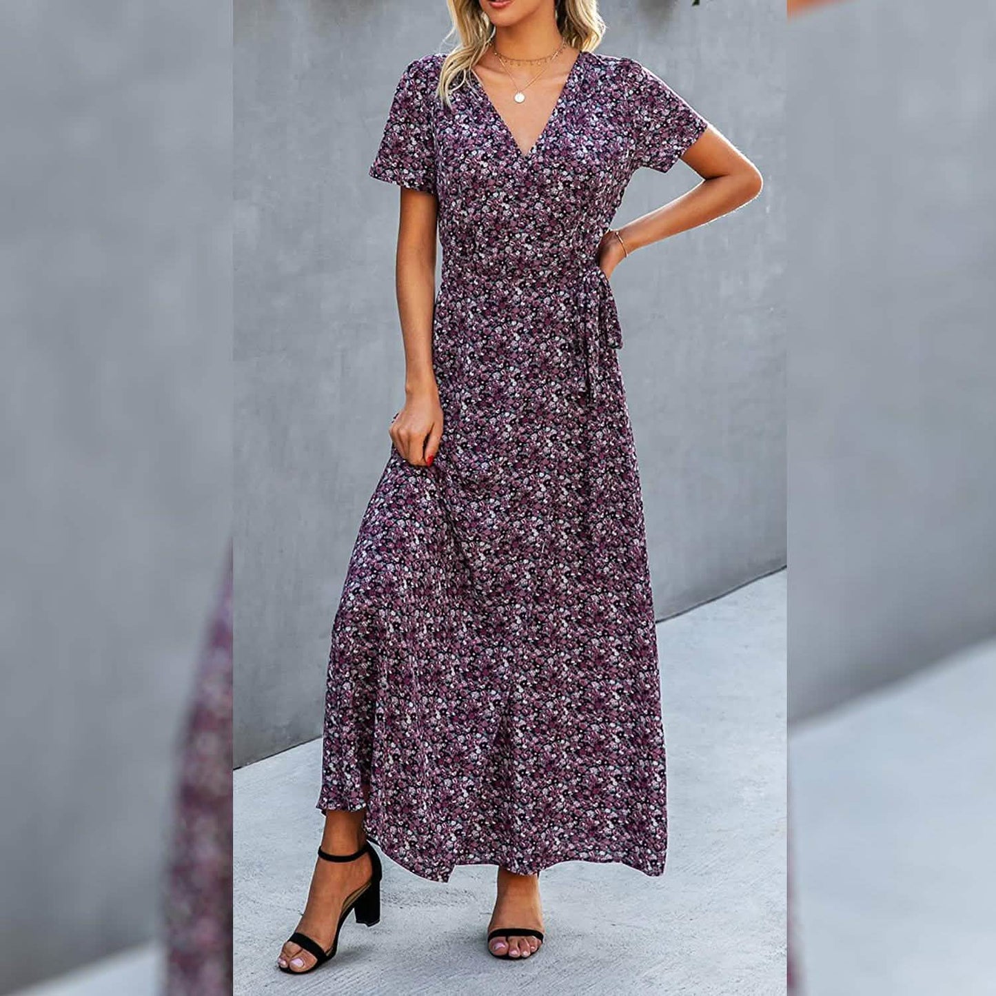 Women's Wrap V Neck Maxi Dresses Short Sleeve Split Casual Long Dress DailySale