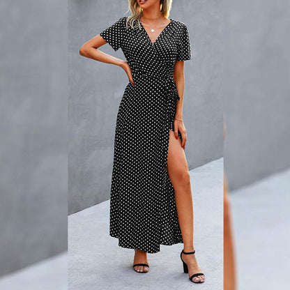 Women's Wrap V Neck Maxi Dresses Short Sleeve Split Casual Long Dress DailySale