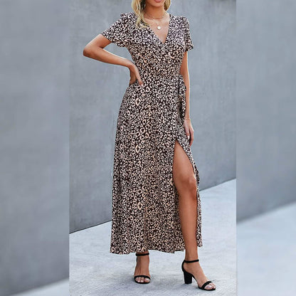 Women's Wrap V Neck Maxi Dresses Short Sleeve Split Casual Long Dress DailySale