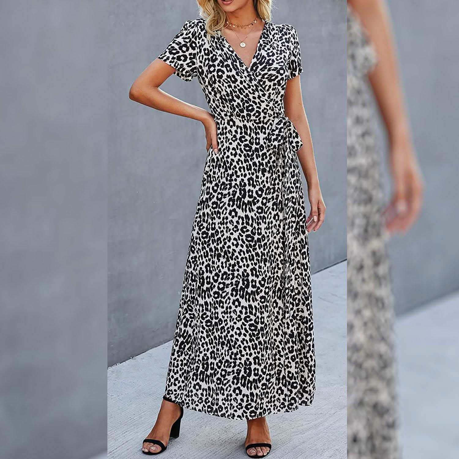 Women's Wrap V Neck Maxi Dresses Short Sleeve Split Casual Long Dress DailySale