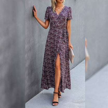 Women's Wrap V Neck Maxi Dresses Short Sleeve Split Casual Long Dress DailySale