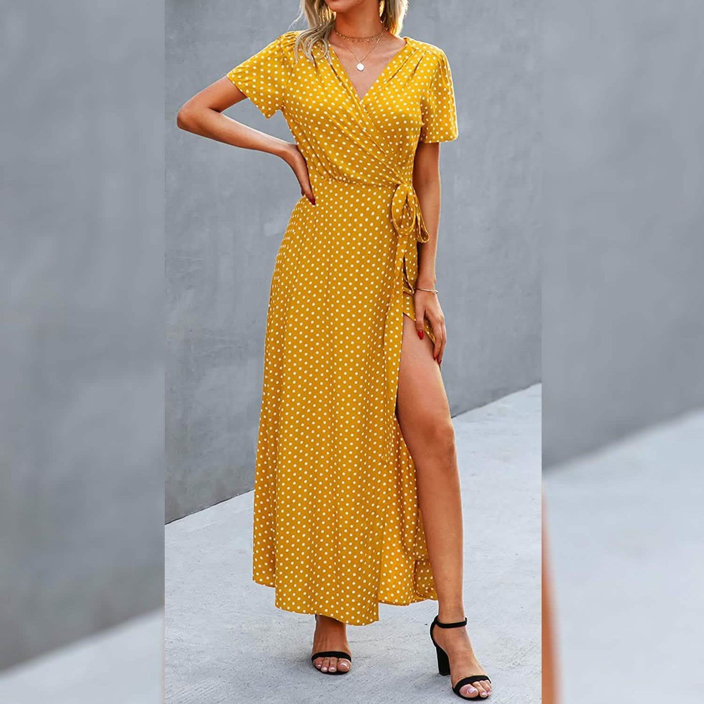 Women's Wrap V Neck Maxi Dresses Short Sleeve Split Casual Long Dress DailySale