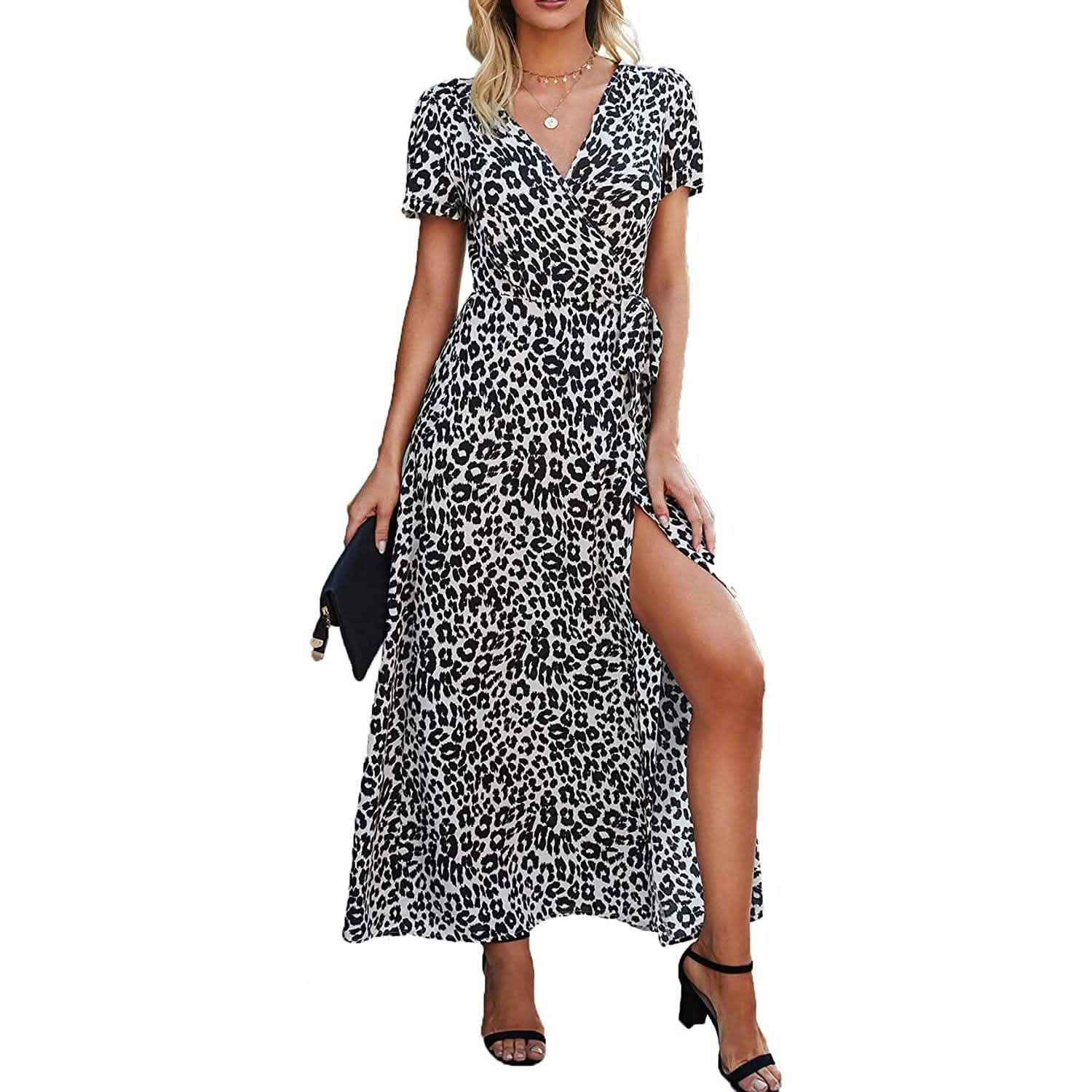 Women's Wrap V Neck Maxi Dresses Short Sleeve Split Casual Long Dress DailySale