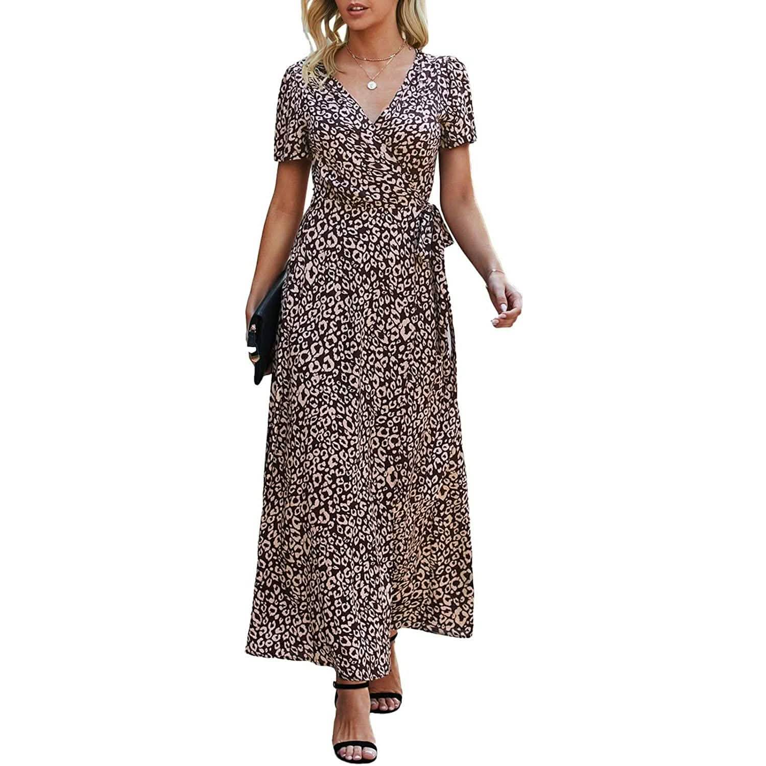 Women's Wrap V Neck Maxi Dresses Short Sleeve Split Casual Long Dress DailySale