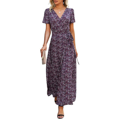 Women's Wrap V Neck Maxi Dresses Short Sleeve Split Casual Long Dress DailySale