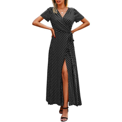 Women's Wrap V Neck Maxi Dresses Short Sleeve Split Casual Long Dress DailySale