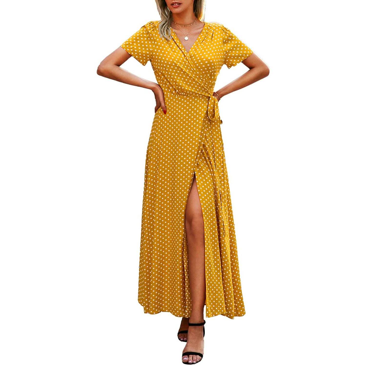 Women's Wrap V Neck Maxi Dresses Short Sleeve Split Casual Long Dress DailySale