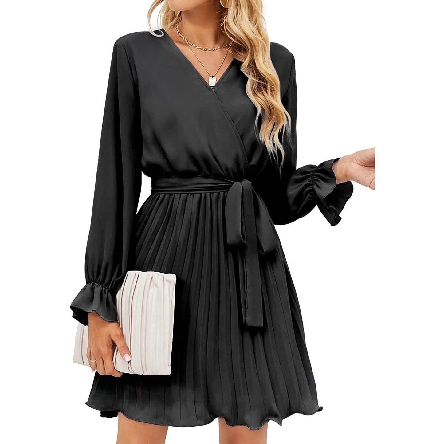 Womens Wrap V Neck Pleated Long Sleeve Mini Dresses DailySale