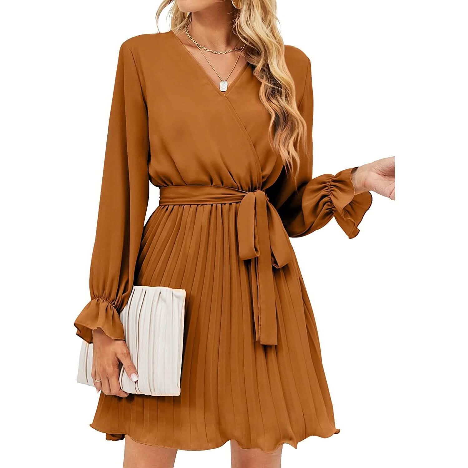 Womens Wrap V Neck Pleated Long Sleeve Mini Dresses DailySale