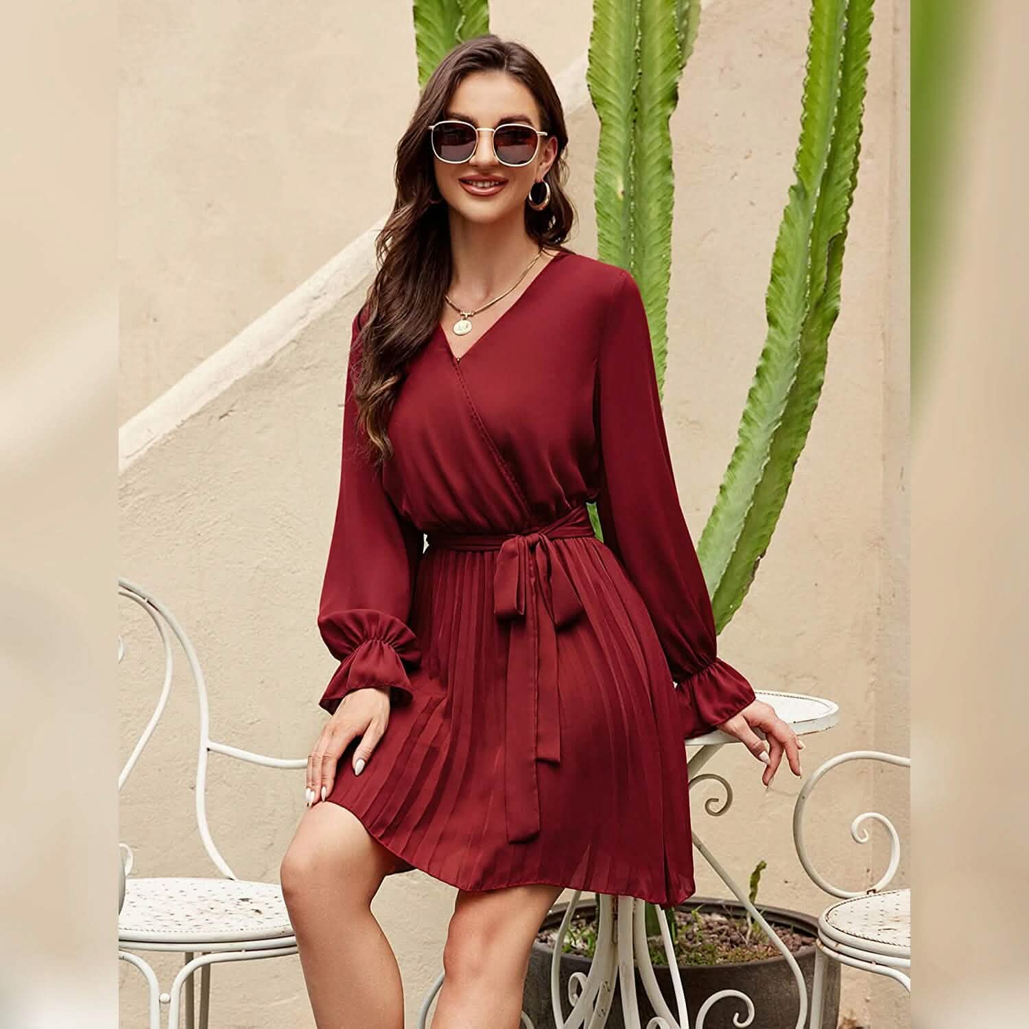 Womens Wrap V Neck Pleated Long Sleeve Mini Dresses DailySale
