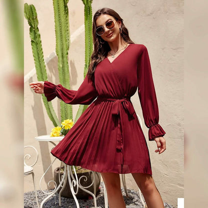 Womens Wrap V Neck Pleated Long Sleeve Mini Dresses DailySale