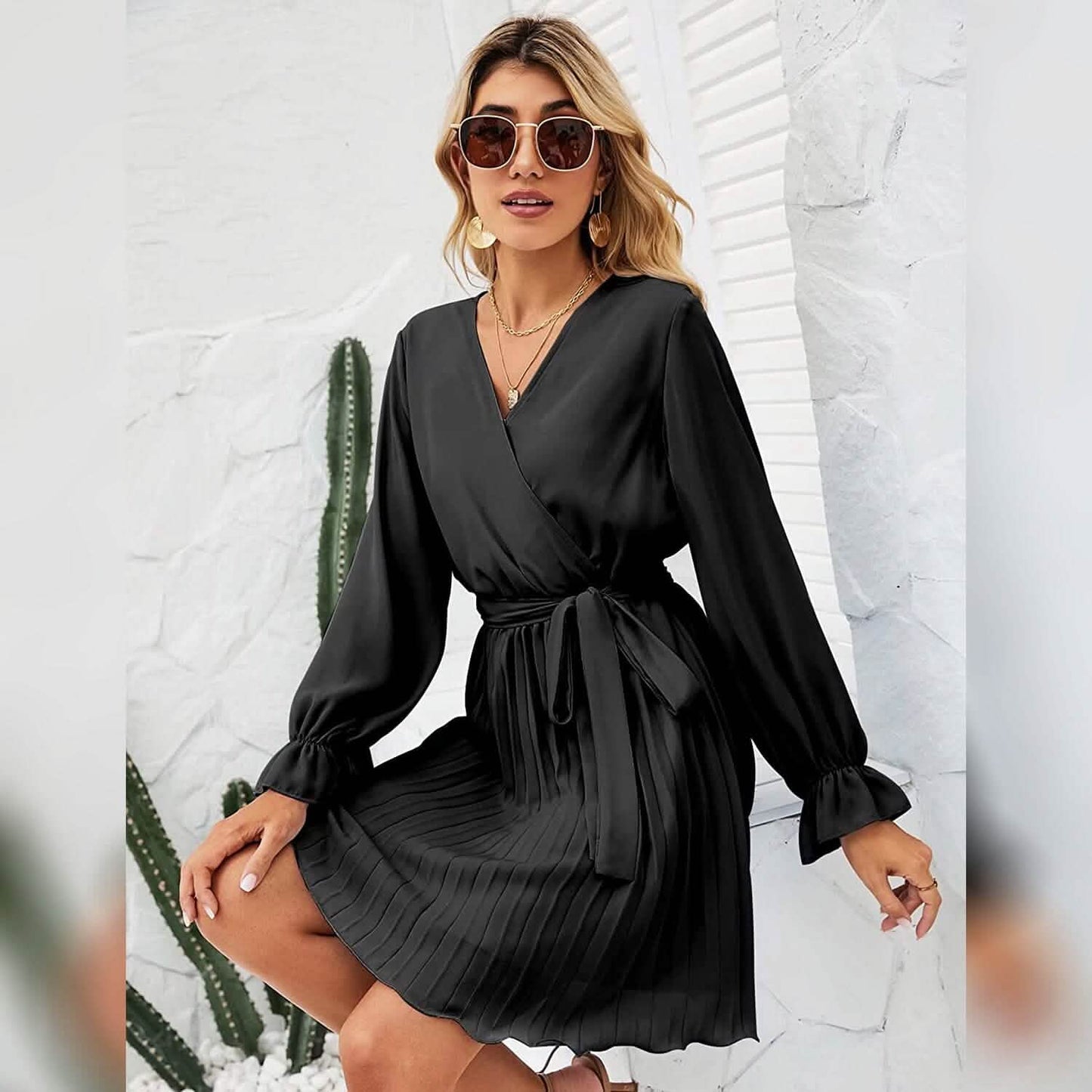 Womens Wrap V Neck Pleated Long Sleeve Mini Dresses DailySale