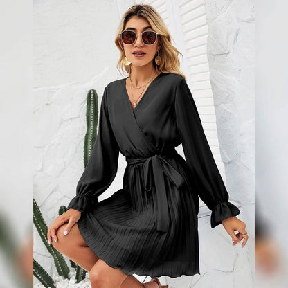 Womens Wrap V Neck Pleated Long Sleeve Mini Dresses DailySale