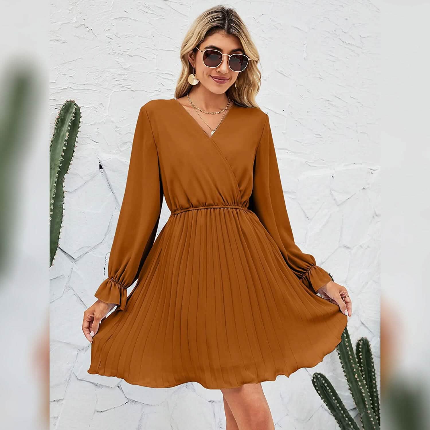Womens Wrap V Neck Pleated Long Sleeve Mini Dresses DailySale