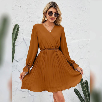 Womens Wrap V Neck Pleated Long Sleeve Mini Dresses DailySale