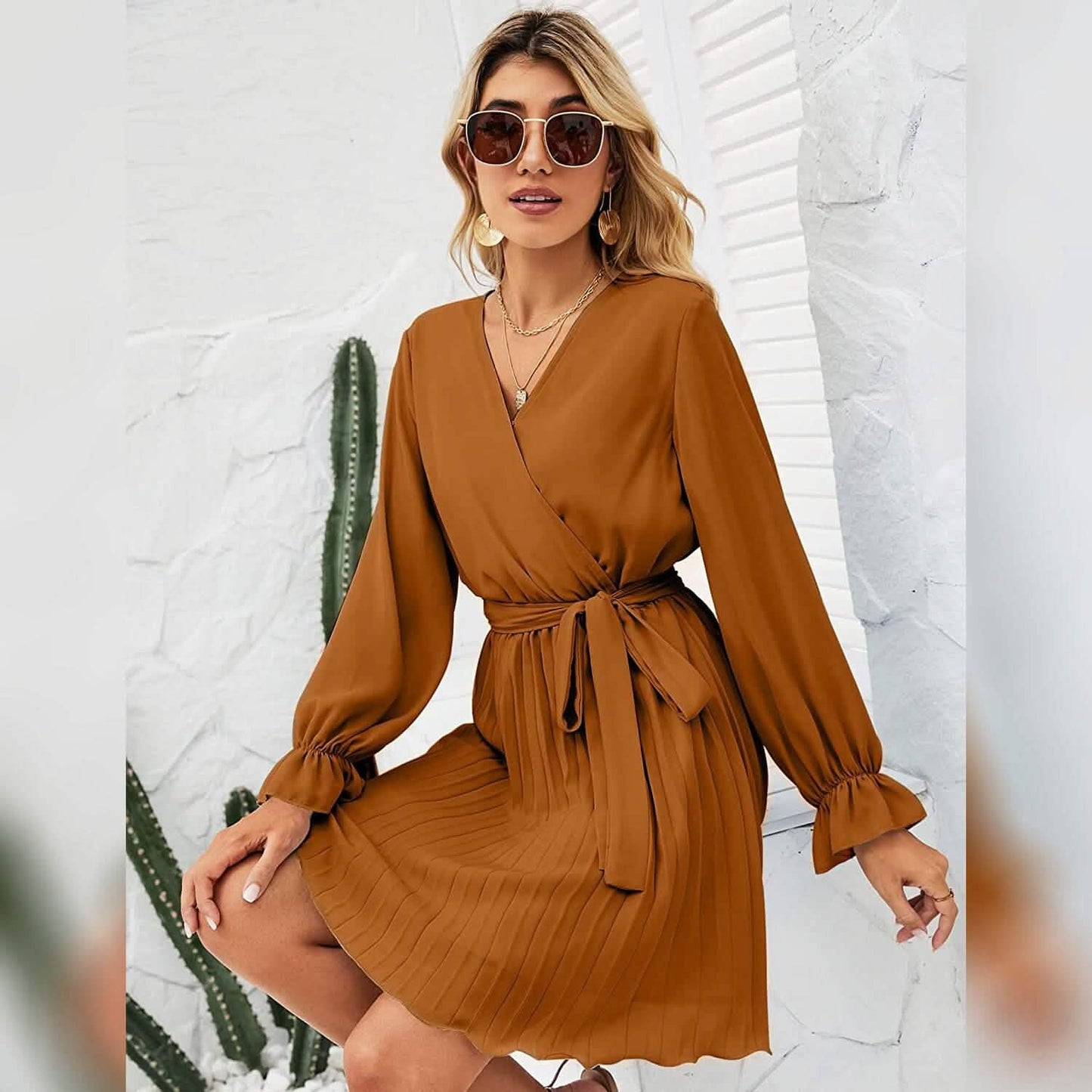 Womens Wrap V Neck Pleated Long Sleeve Mini Dresses DailySale