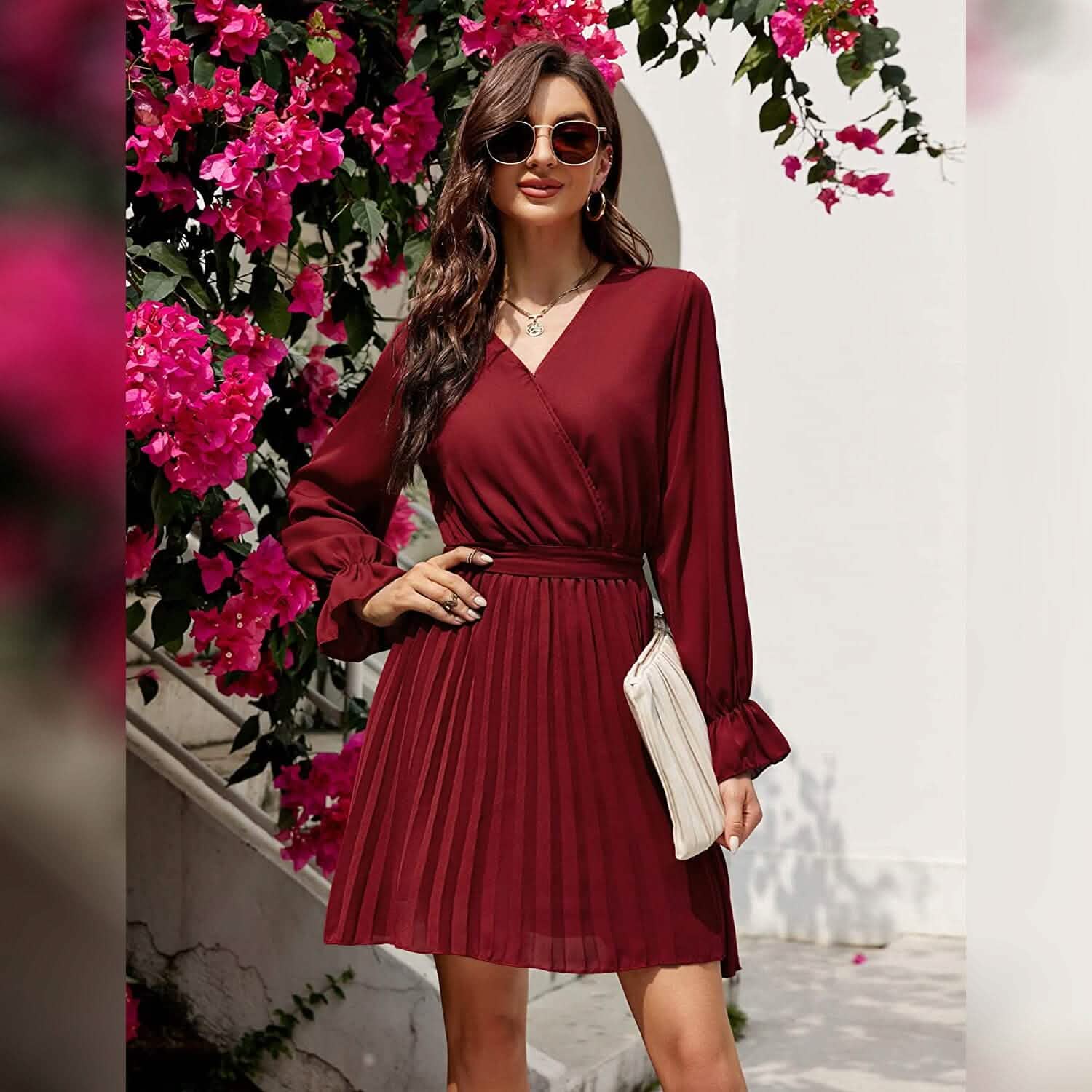 Womens Wrap V Neck Pleated Long Sleeve Mini Dresses DailySale