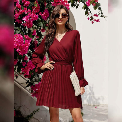 Womens Wrap V Neck Pleated Long Sleeve Mini Dresses DailySale
