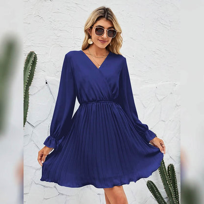 Womens Wrap V Neck Pleated Long Sleeve Mini Dresses DailySale