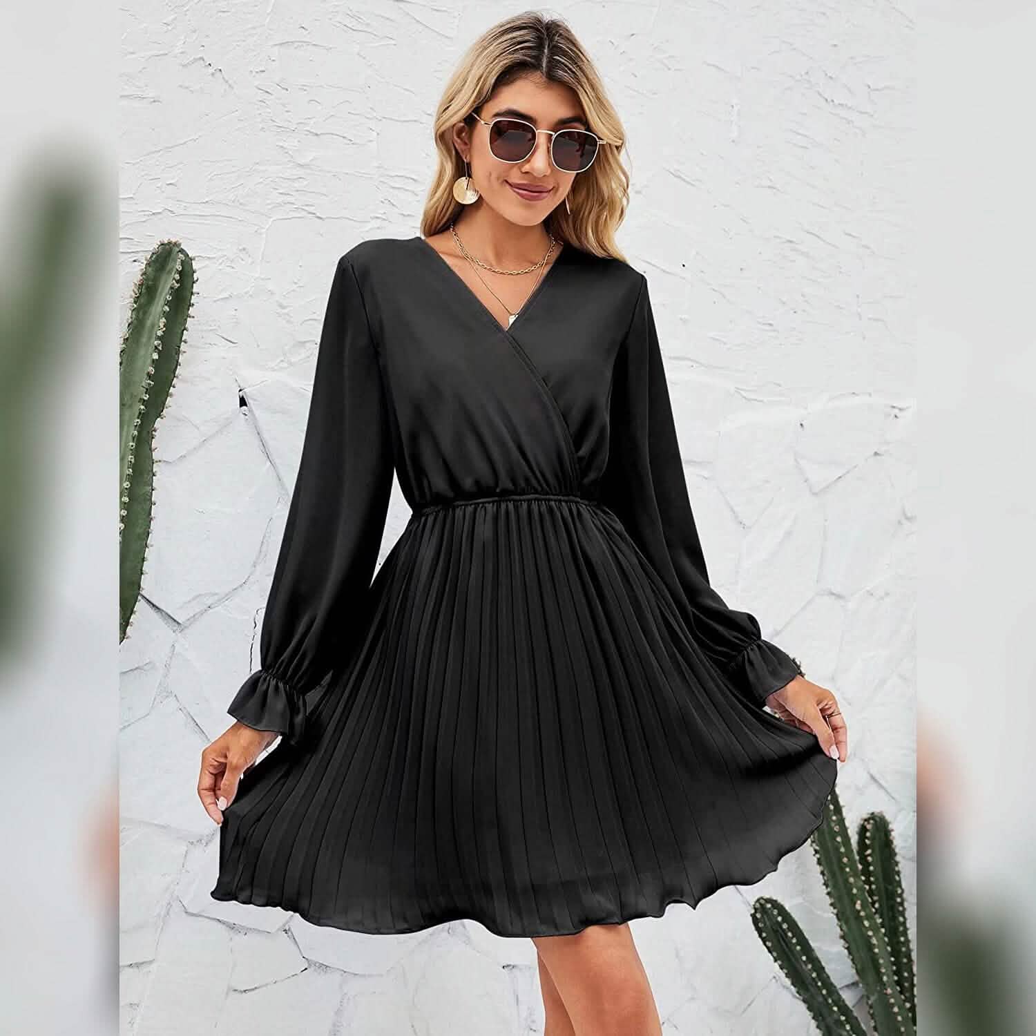 Womens Wrap V Neck Pleated Long Sleeve Mini Dresses DailySale