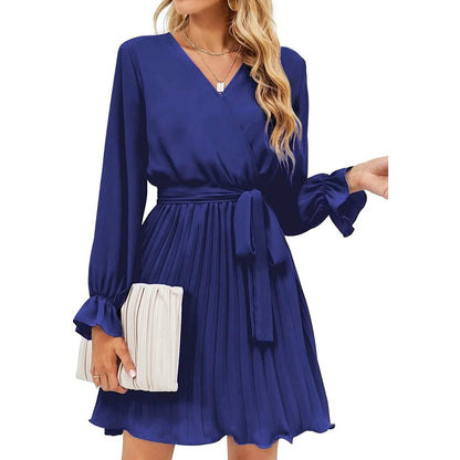 Womens Wrap V Neck Pleated Long Sleeve Mini Dresses DailySale