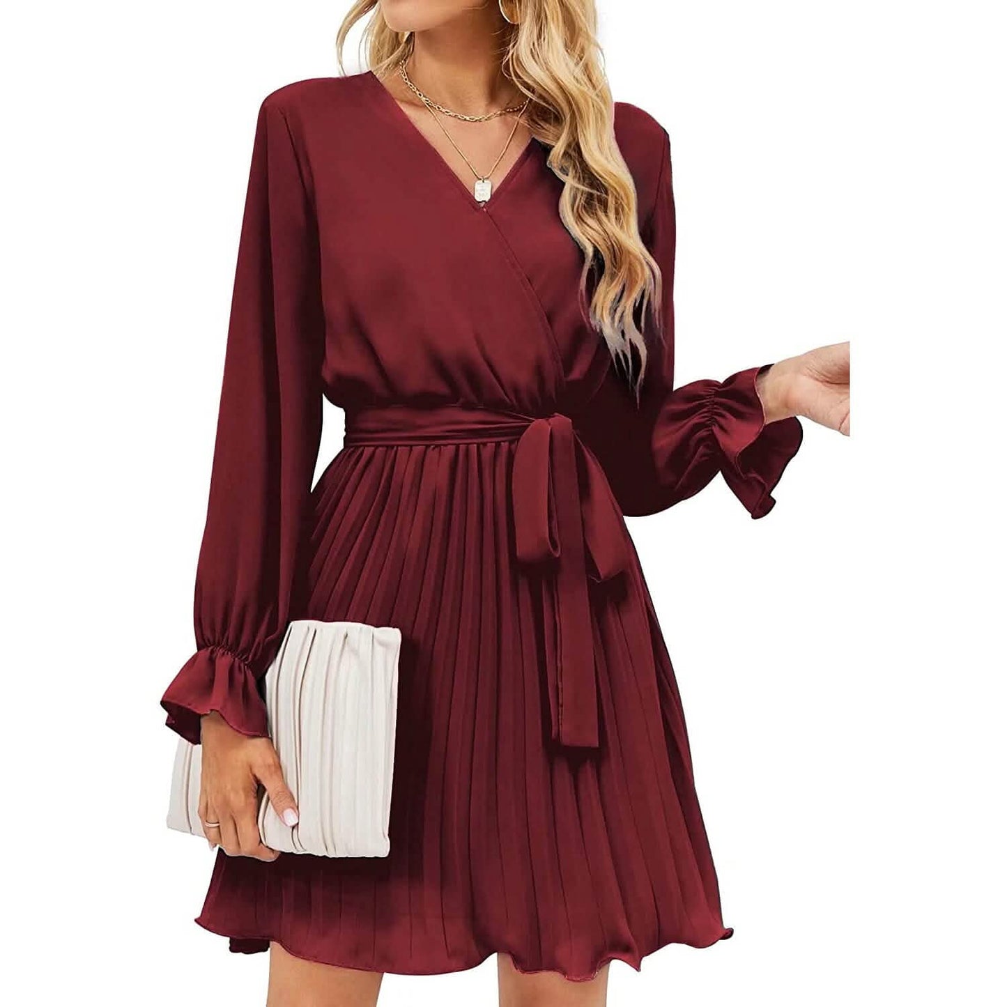 Womens Wrap V Neck Pleated Long Sleeve Mini Dresses DailySale