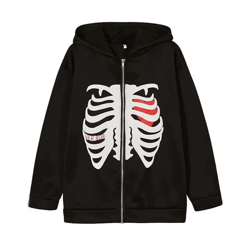 Women's Zip Up Skeleton Letter Hoodie Sweatshirt DailySale
