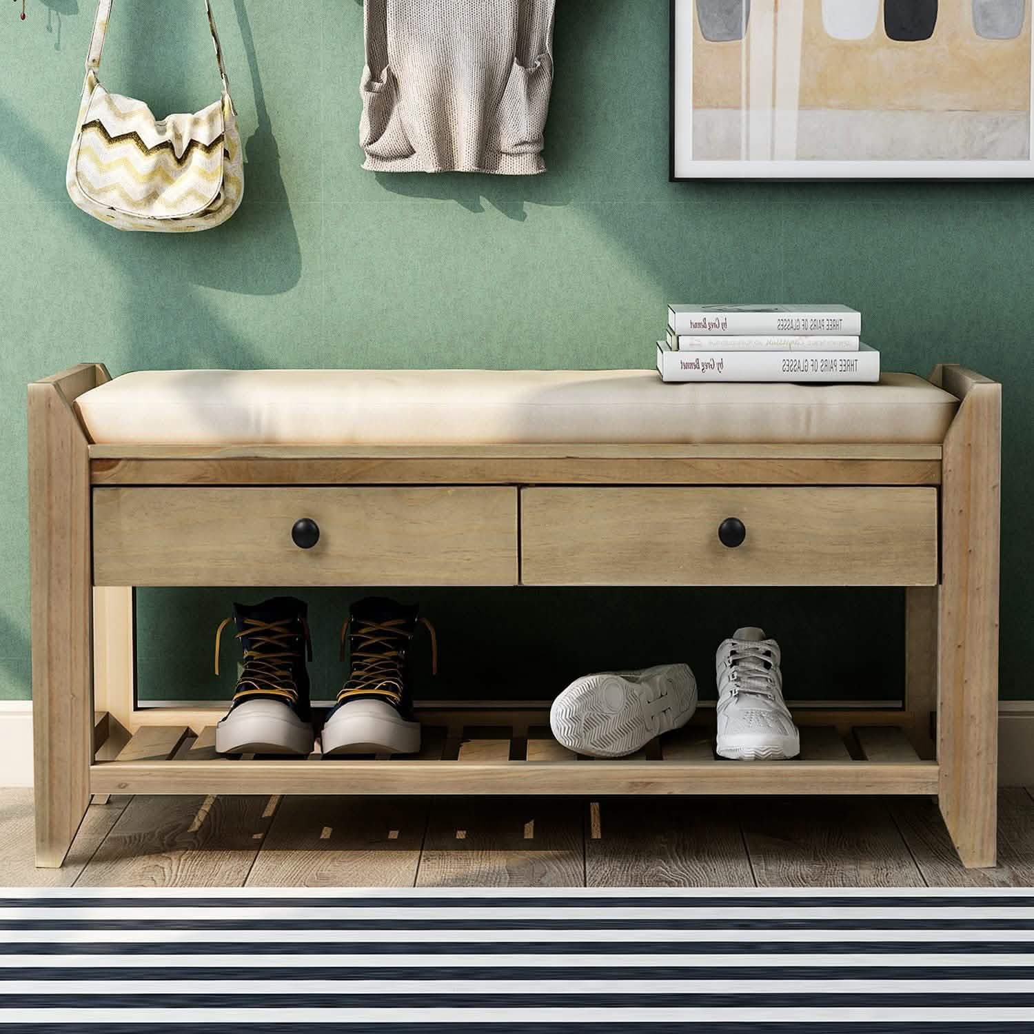 Wood Storage Bench with 2 Drawer Shoe Rack DailySale