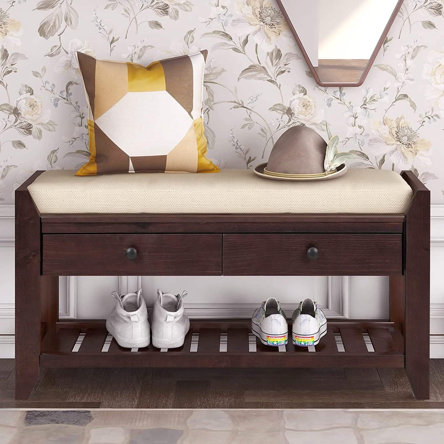 Wood Storage Bench with 2 Drawer Shoe Rack DailySale