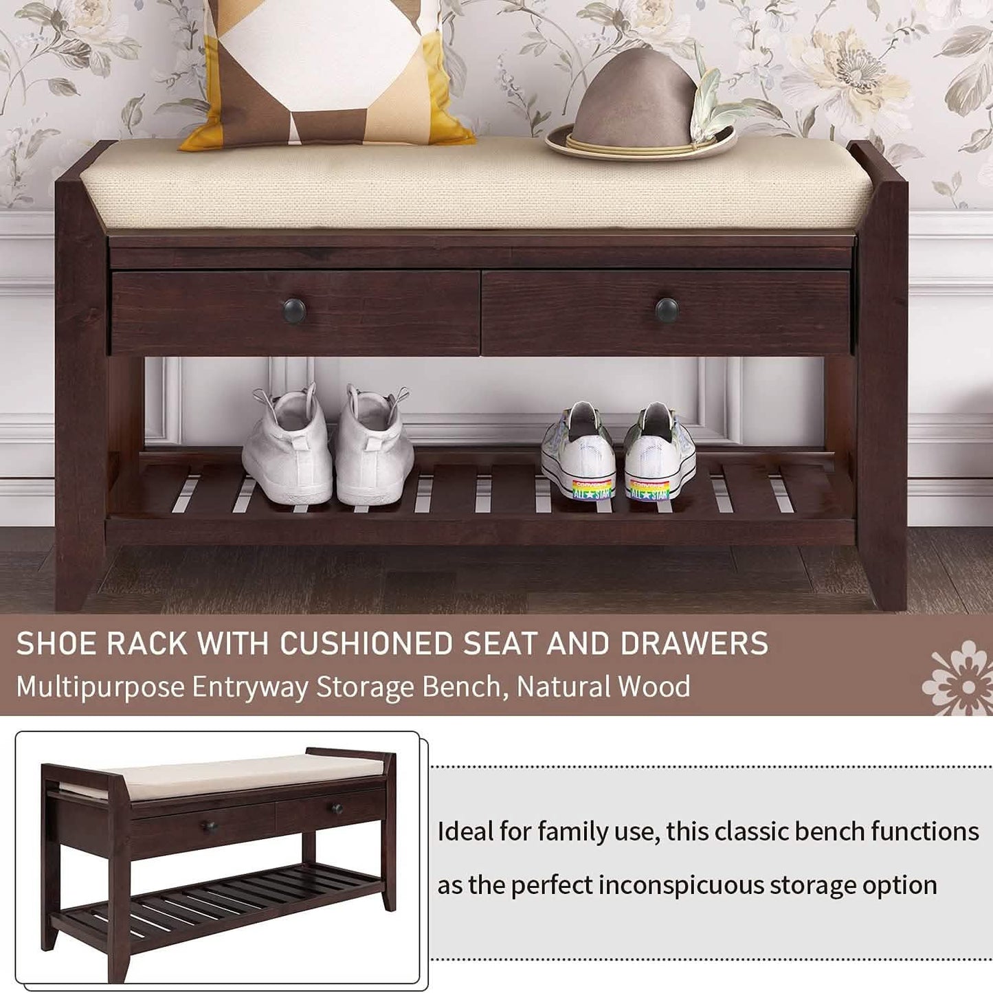Wood Storage Bench with 2 Drawer Shoe Rack DailySale