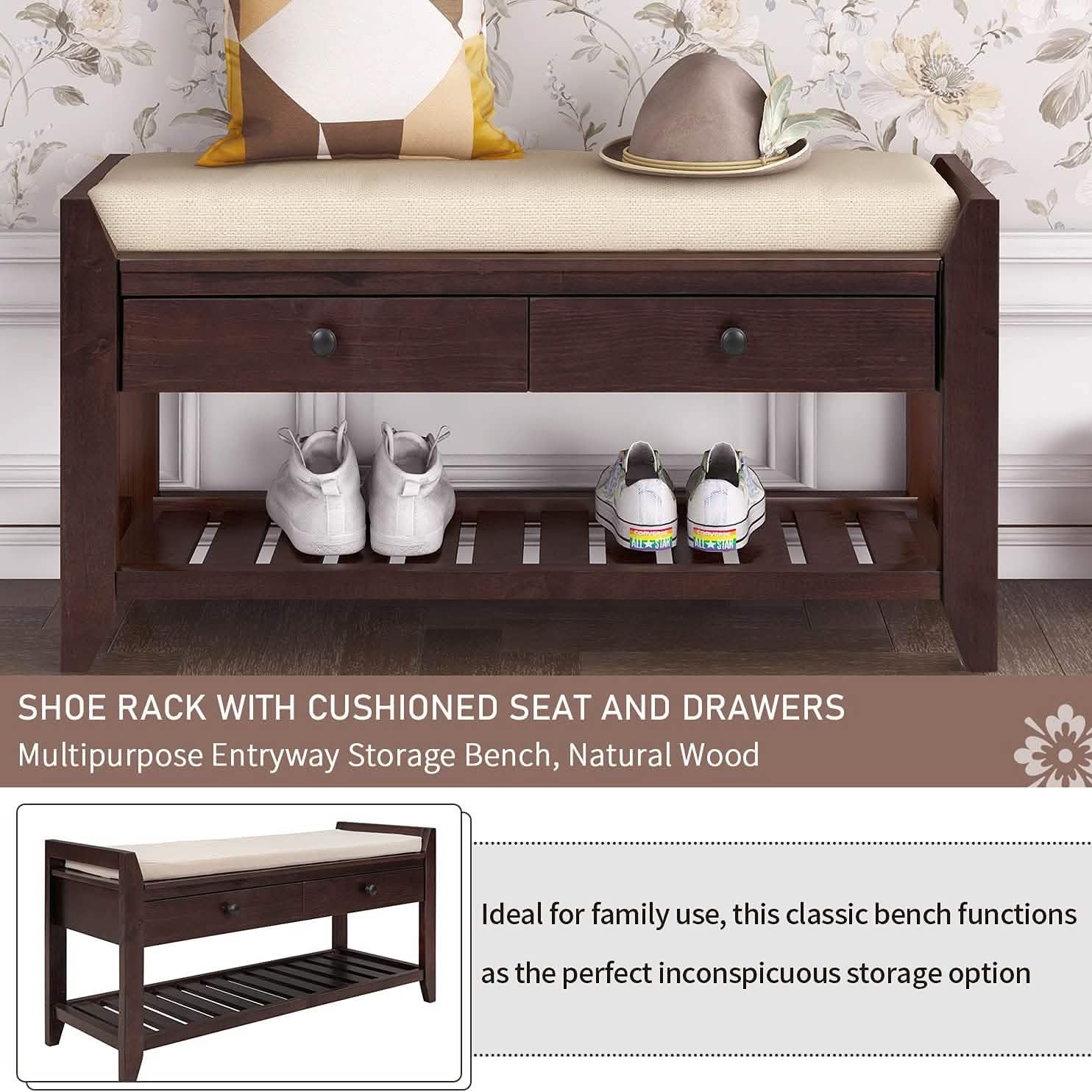 Wood Storage Bench with 2 Drawer Shoe Rack DailySale