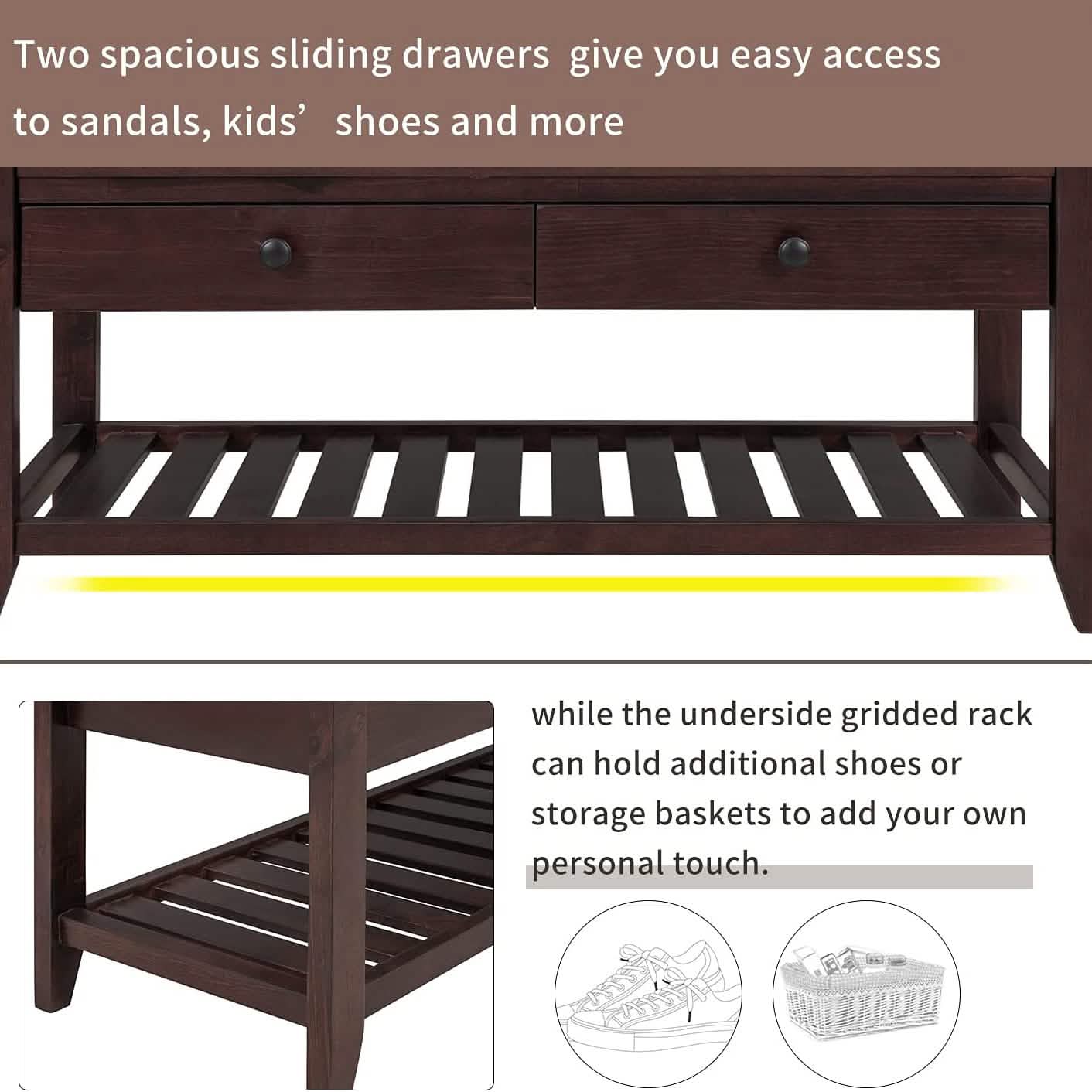 Wood Storage Bench with 2 Drawer Shoe Rack DailySale