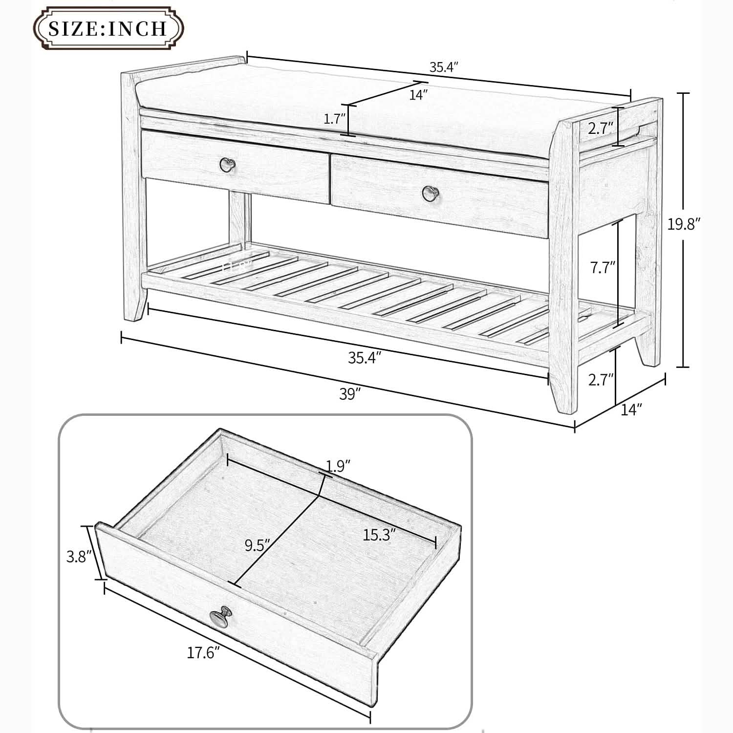 Wood Storage Bench with 2 Drawer Shoe Rack DailySale