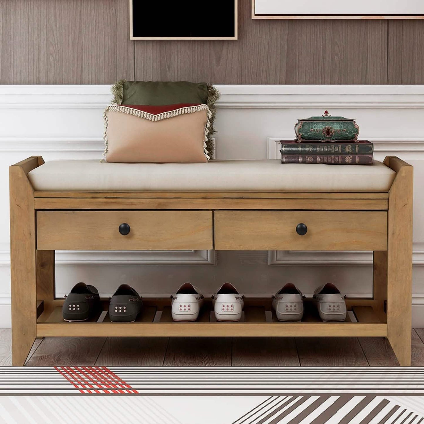 Wood Storage Bench with 2 Drawer Shoe Rack DailySale