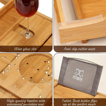 Wooden Bathtub Tray with Wine Glass Slot Phone Tray Book Holder DailySale
