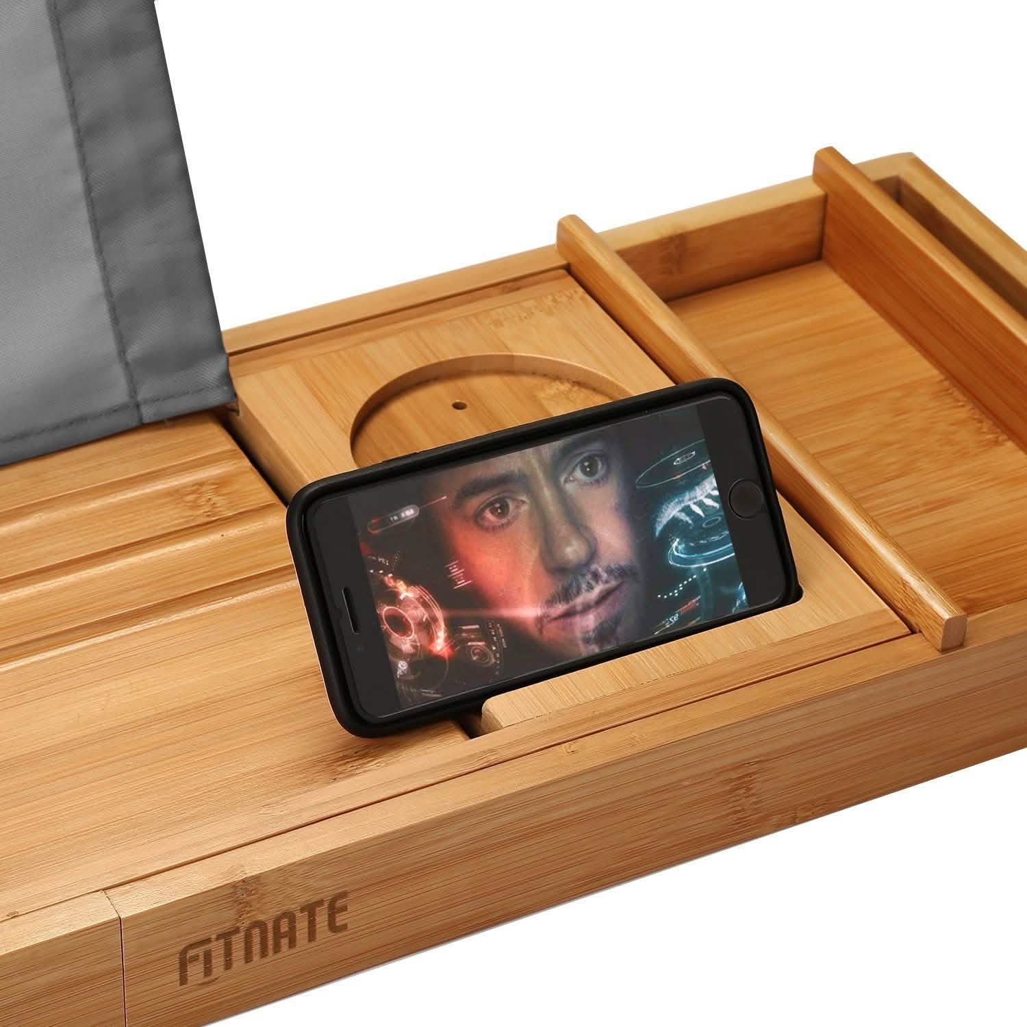 Wooden Bathtub Tray with Wine Glass Slot Phone Tray Book Holder DailySale
