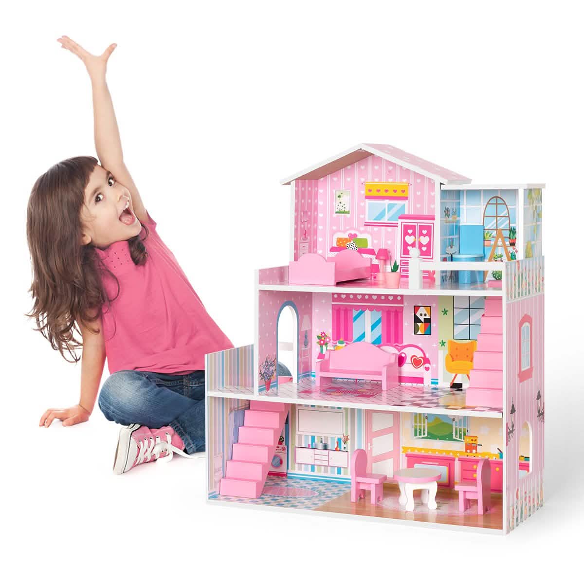 Wooden Dollhouse with Furniture, Doll House Playset for Kids DailySale
