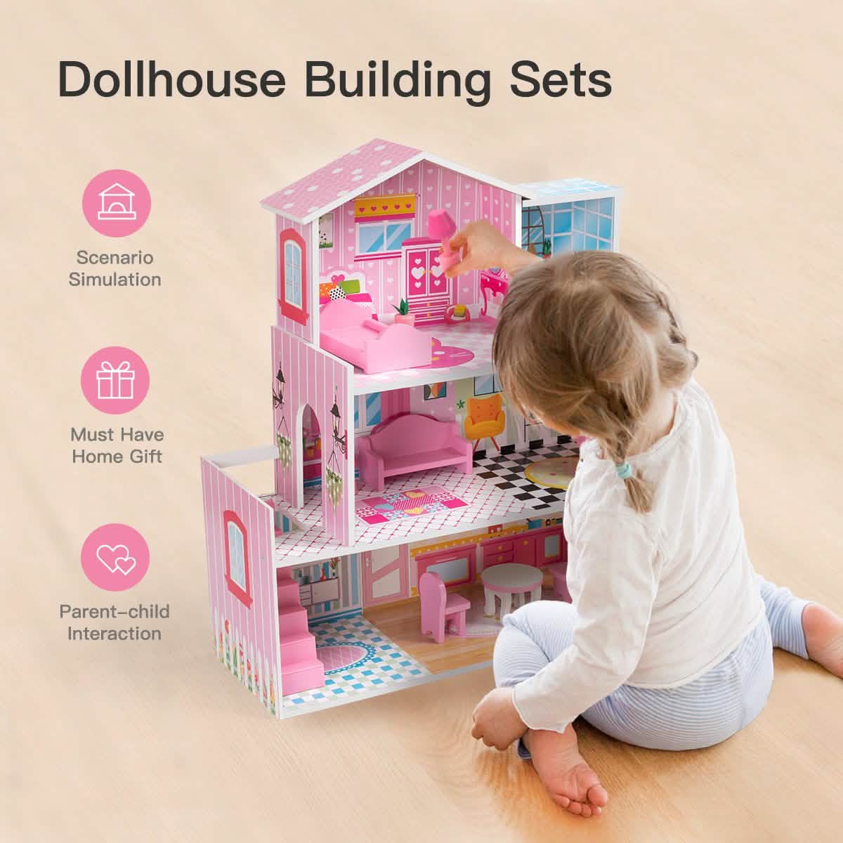 Wooden Dollhouse with Furniture, Doll House Playset for Kids DailySale