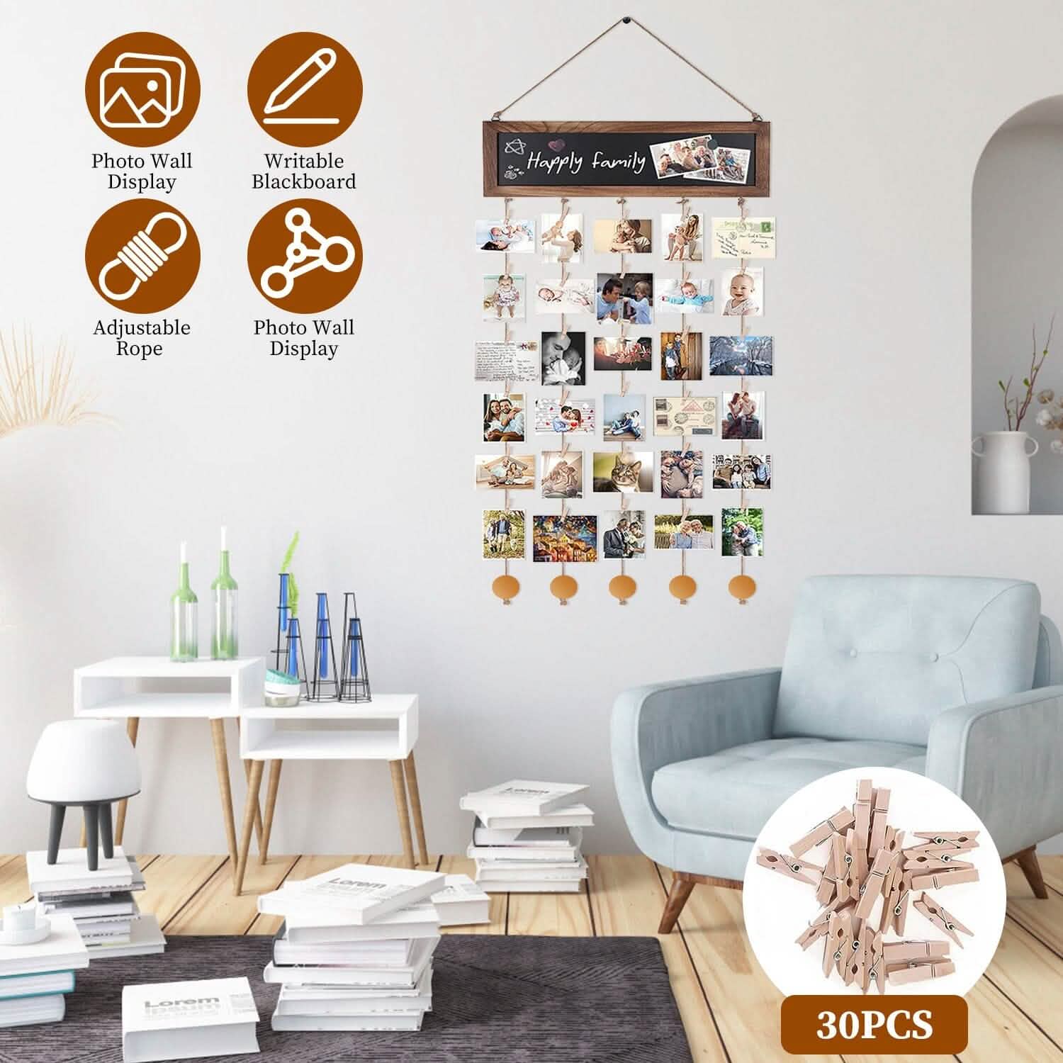 Wooden Hanging Picture Frame Display String Ropes with 30 Clips Writable Blackboard DailySale