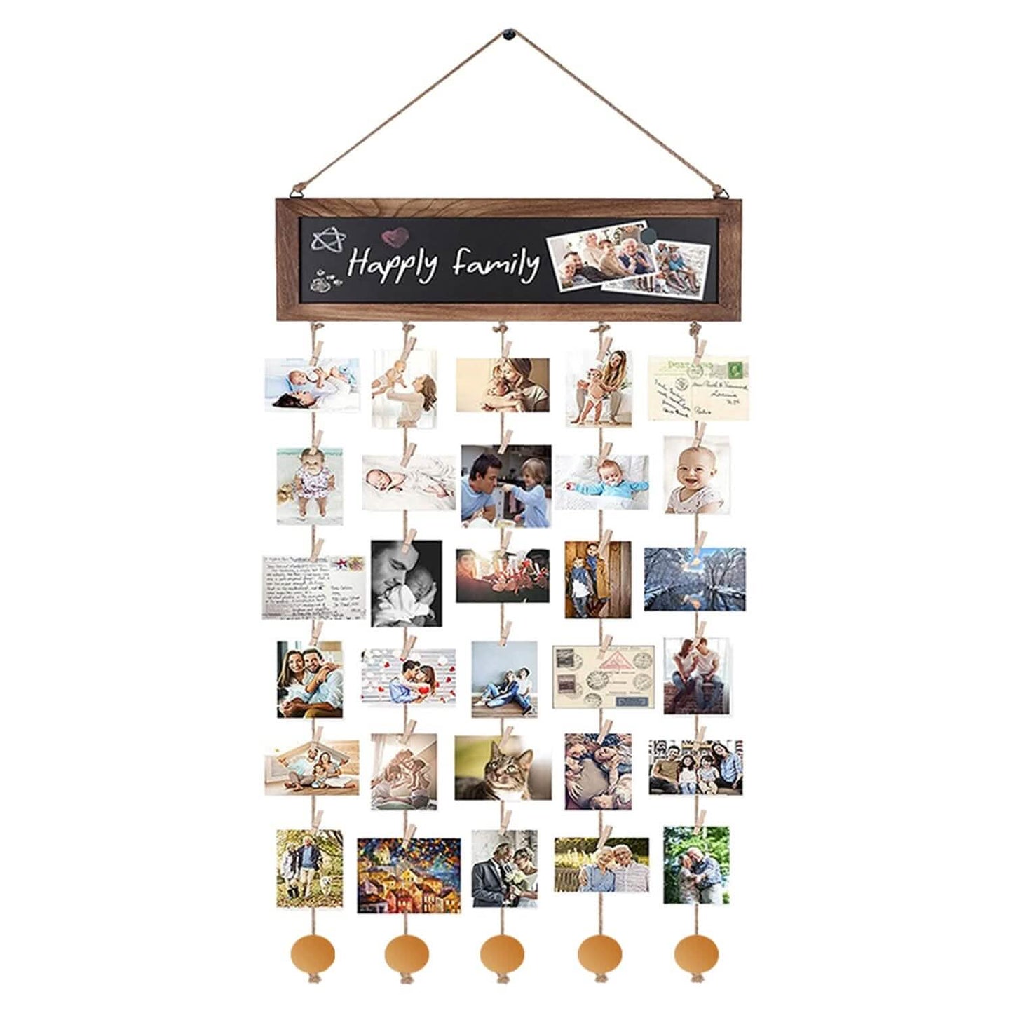Wooden Hanging Picture Frame Display String Ropes with 30 Clips Writable Blackboard DailySale