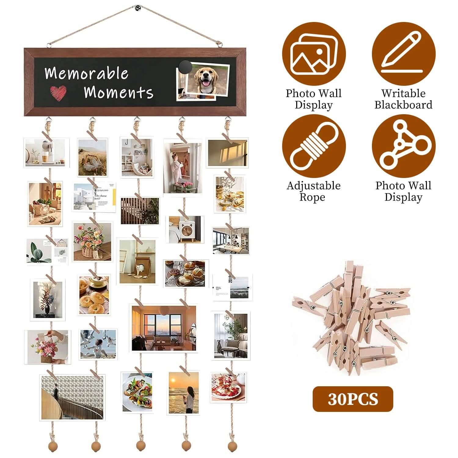 Wooden Hanging Picture Frame Display String Ropes with 30 Clips Writable Blackboard DailySale