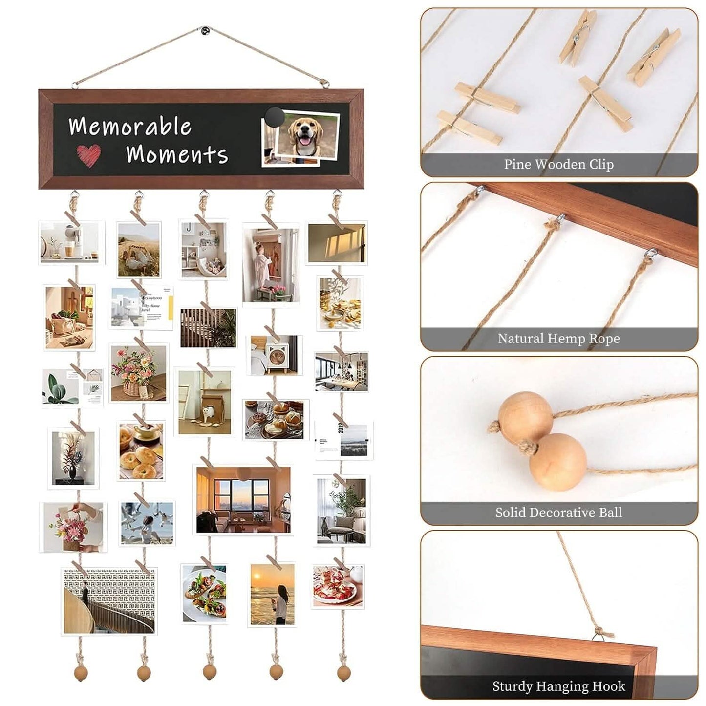 Wooden Hanging Picture Frame Display String Ropes with 30 Clips Writable Blackboard DailySale