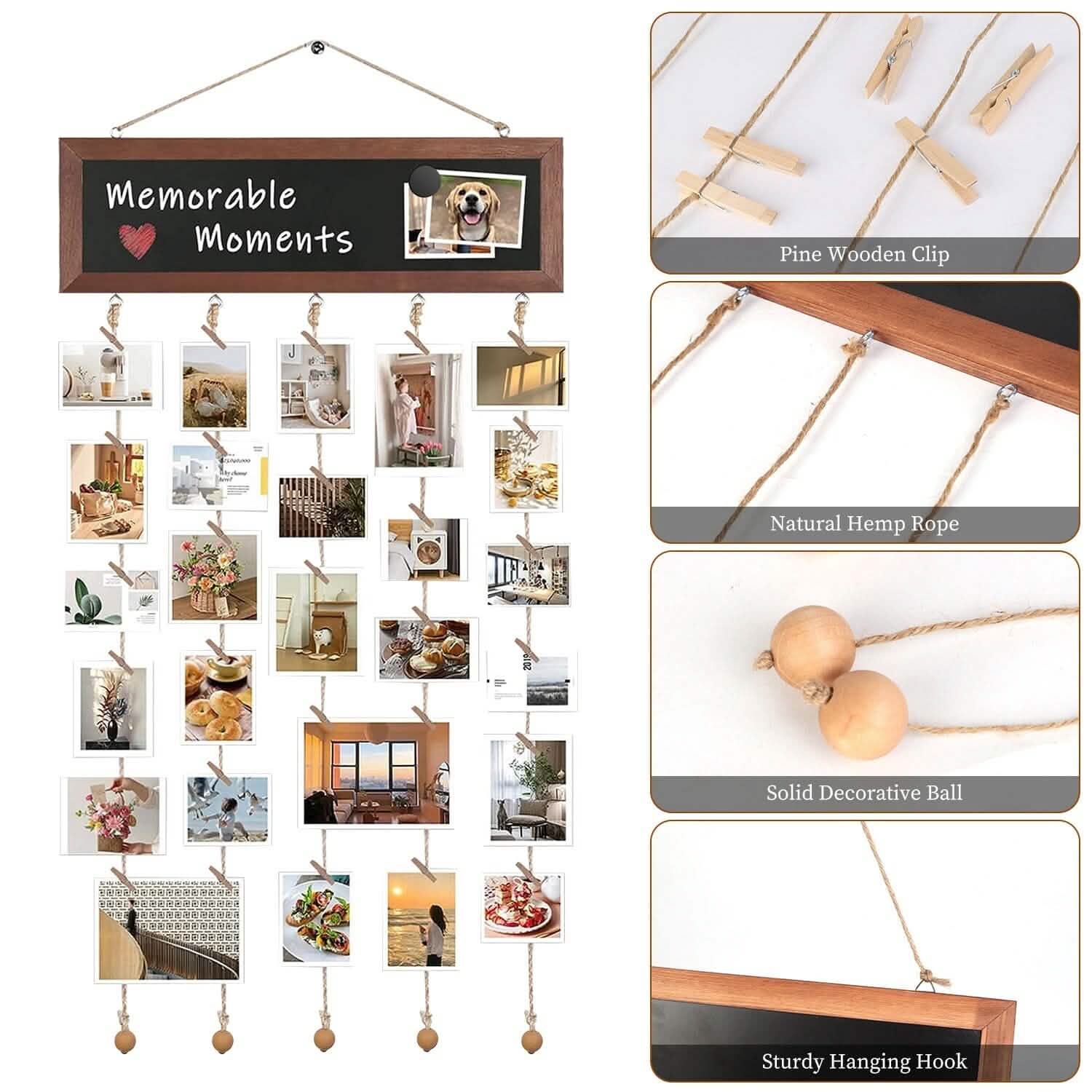 Wooden Hanging Picture Frame Display String Ropes with 30 Clips Writable Blackboard DailySale