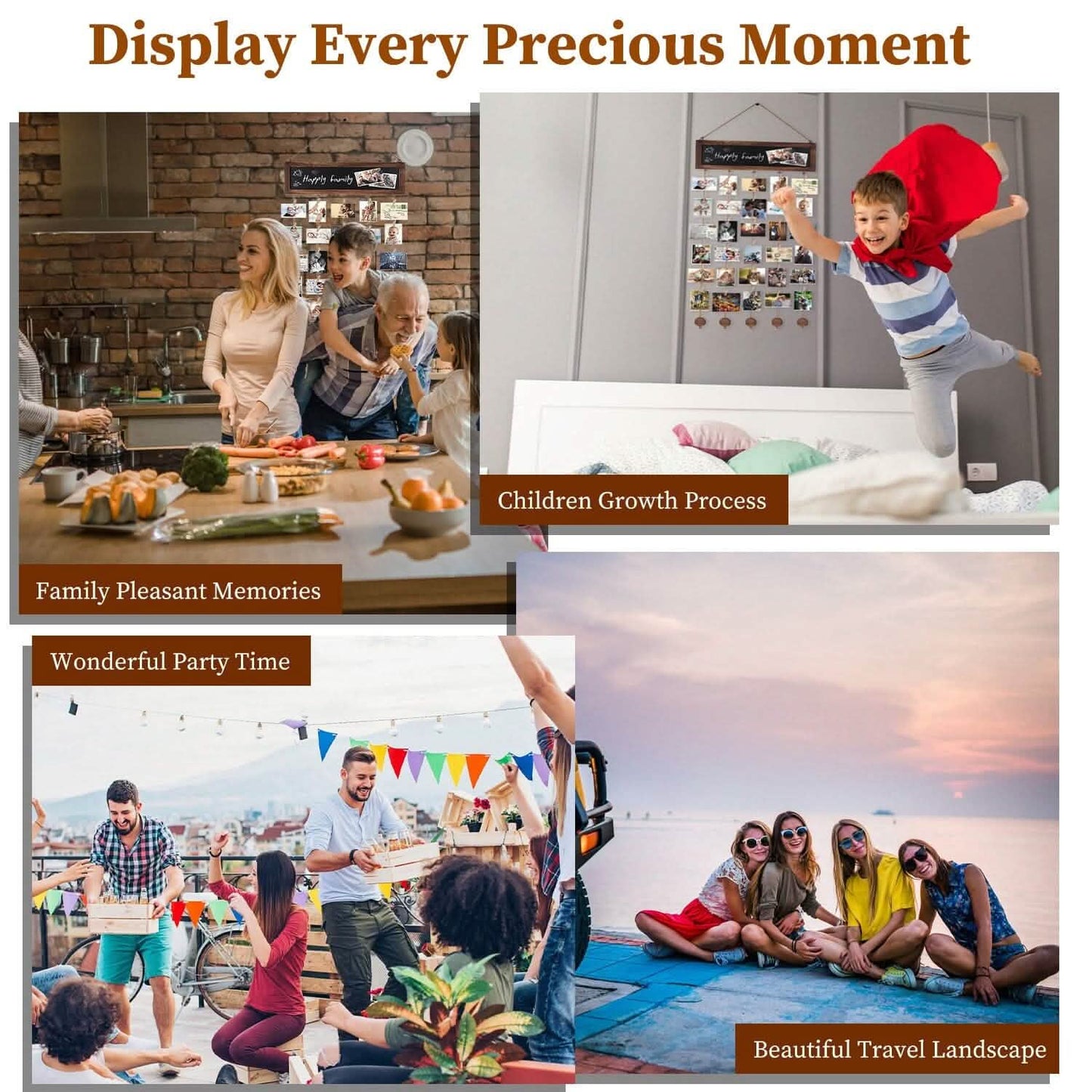 Wooden Hanging Picture Frame Display String Ropes with 30 Clips Writable Blackboard DailySale