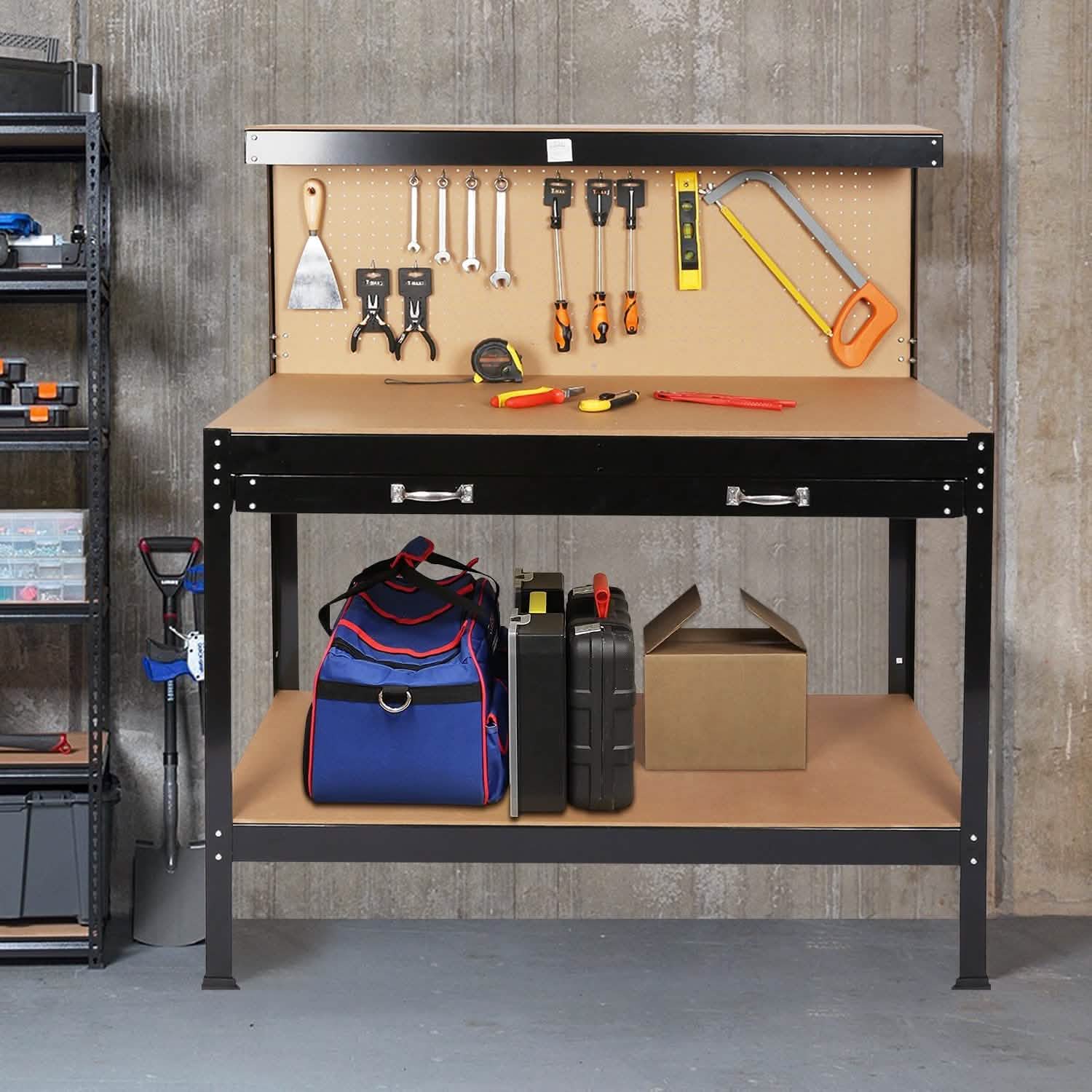 Work Benches for Garage Shop Work Station Tools Table with Peg Board and Drawers DailySale