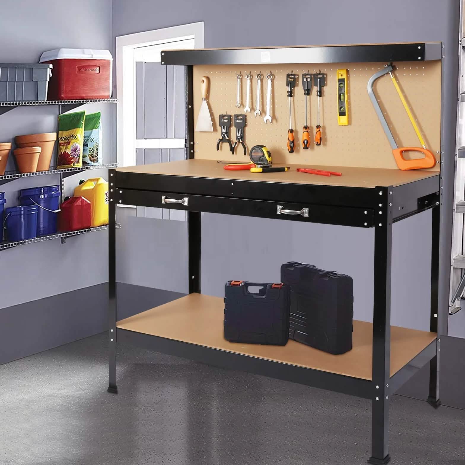 Work Benches for Garage Shop Work Station Tools Table with Peg Board and Drawers DailySale